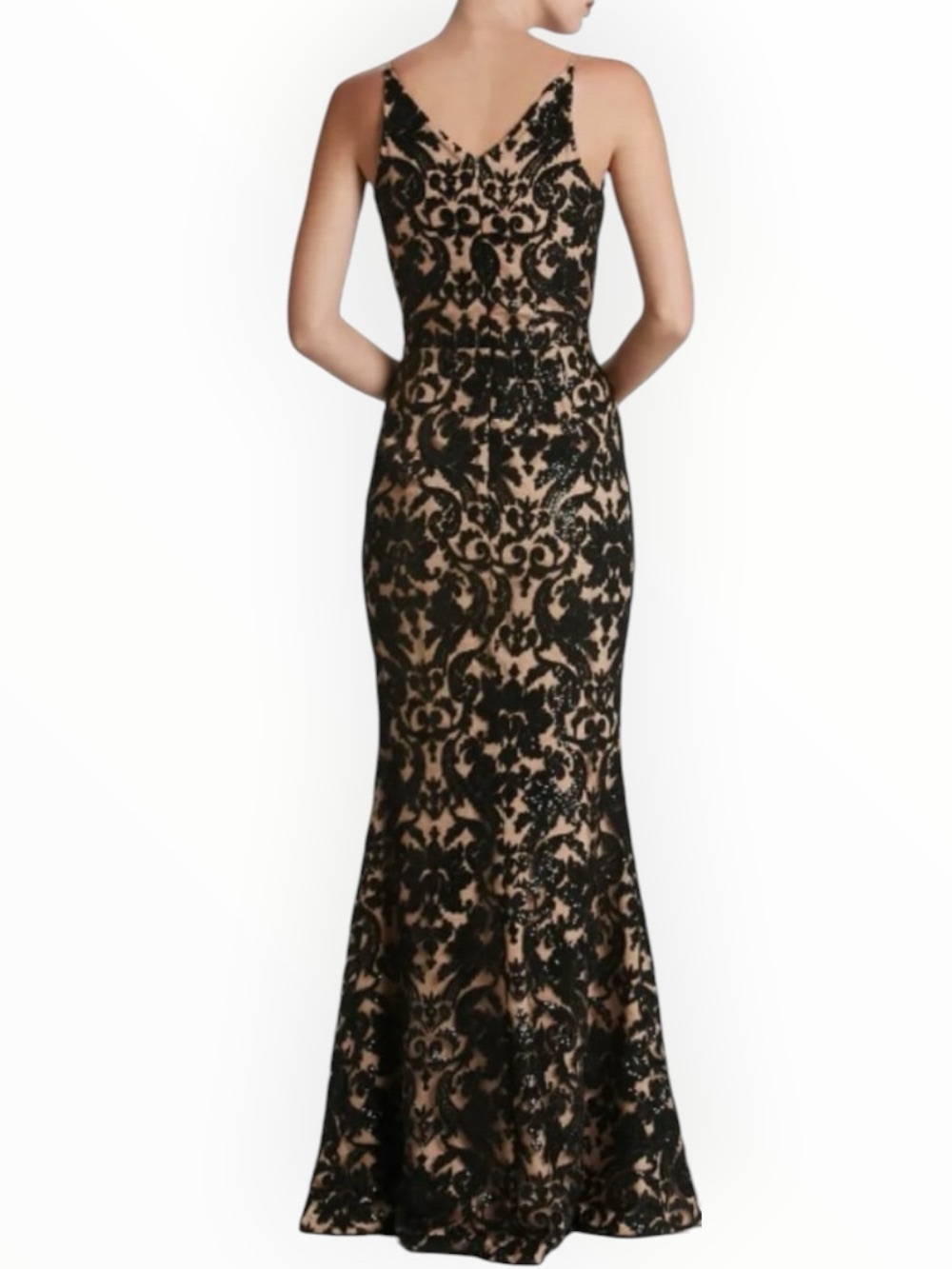 DRESS THE POPULATION Karen Black Lace Sequin Maxi Gown Nude Lining S Mermaid - Picture 2 of 11